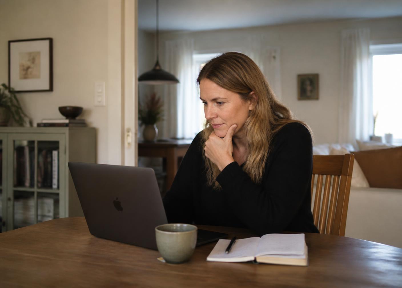 Pedagog hemma vid köksbordet framför en laptop med anteckningsbok